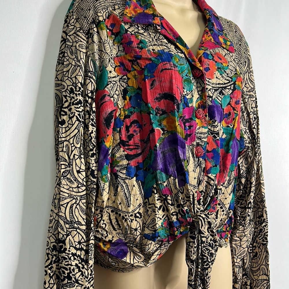 Carole Little petites floral art boho tie front button down long sleeve blouse - Picture 2 of 7